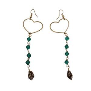 Heart wire Green Gem Beads And Shells Drop Dangle Earrings Jewelry artisan boho